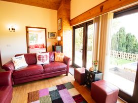A living room with a sofa and rug at Sycamore Lodge in Nantmel near Rhayader