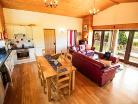 A living room with a kitchen and dining area at Sycamore Lodge Nantmel near Rhayader