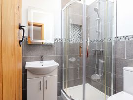 A bathroom featuring a shower, toilet, and sink at Ty Gwyn Llangwm near Bala