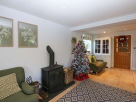 A living room with a Christmas tree and a wood stove at Nant-yr-Rhedyn in Red Wharf Bay