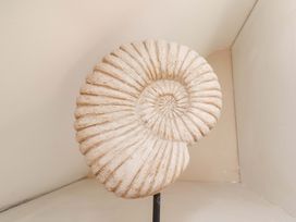 A fossil ammonite displayed on a stand at Heather Croft, Robin Hood's Bay