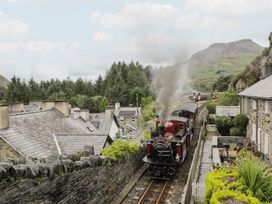 A steam train passing through houses and trees at Ty Gwynn in Tanygrisiau