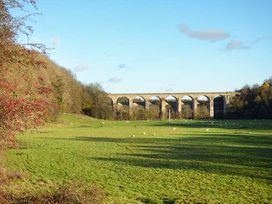 A green field with sheep and a stone railway viaduct in the background at Little Cow House in Pontfaen near Chirk