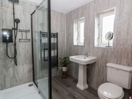 A bathroom featuring a shower, toilet, and sink at Red Kite Cottage Howey near Llandrindod Wells