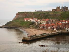 A view of the coast with houses and a cliff at Kingfisher in Whitby