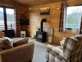 A living room with a fireplace and television at Wildcat Lodge in Newtonmore