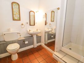 A bathroom with a toilet sink mirror and shower at The Dairy Carrog near Corwen