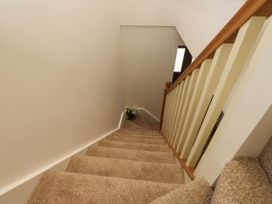 A carpeted staircase with a wooden handrail and a small plant at the bottom at Menai View near Menai Bridge