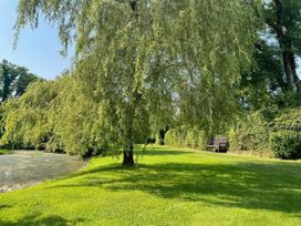 A park with a tree and bench near a pond at The Barn at Waunlippa, Narberth
