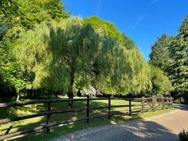 A fenced garden with a large tree and a paved pathway at Badger View in Culverstone Green near Chatham