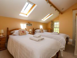 A bedroom with two single beds under skylight windows and a window with curtains at Foremans House in Bridlington