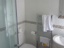 A bathroom with shower, toilet, towel rail and sink at Sisial y Llyn in Bala