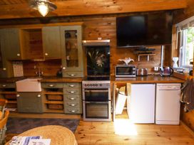 A kitchen with green cabinets stove microwave toaster kettle and a wall mounted tv at Aurora Skies in Cresswell near Morpeth