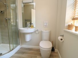 A bathroom with a shower, toilet, and sink at The Apple Shed, Motcombe