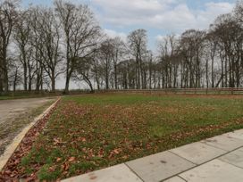 A grassy field with fallen leaves next to a paved walkway and a dirt road with trees in the background at Winnie's Stable in Goodmanham Wold near Market Weighton