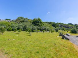 A green area with trees and rocks at Costentyn, Tor Down Quarry in St Breward