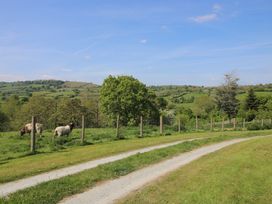 A rural landscape with a dirt path and sheep grazing near a fence at The Old Beams at Pont y Forwyn in Llansantffraidd-ym-Mechain near Welshpool