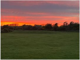 A grassy area with trees and a sunset at The Owl's Hoot in Tacumshane, County Wexford