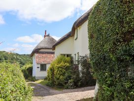 A house with a thatched roof and garden at Hope Cottage in Riddlecombe, near Winkleigh
