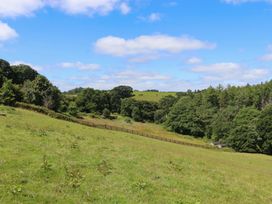 A grassy landscape with trees and a fence at Hope Cottage Riddlecombe near Winkleigh