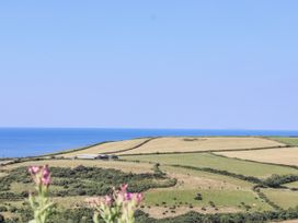 A view of fields and ocean from a distance at Atlantic View in Tintagel