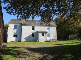 A white two-story house with six windows and a small porch surrounded by grass and trees at Pengraig near Tregaron