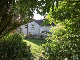 A white house with a fenced yard viewed through dense green foliage at Pengraig near Tregaron