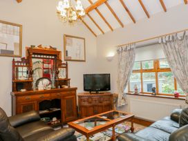 A sitting room with leather sofas a wooden cabinet with a mirror a television on a wooden stand and windows with curtains at Gelli Glud in Eglwysbach