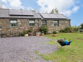 An outdoor view of a stone building with solar panels and a peacock at Gelli Glud in Eglwysbach