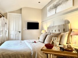A bedroom with a bed and television at Caner Bach Lodge in Blackmill