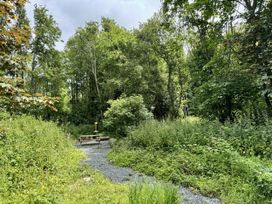 An outdoor area with benches and a gravel path among trees at Willow Lodge Constantine near Falmouth