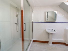 A bathroom with a shower and sink at Glanyrafon in St Harmon