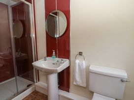 A bathroom with a shower, washbasin, toilet, and mirror at Glanyrafon in St Harmon