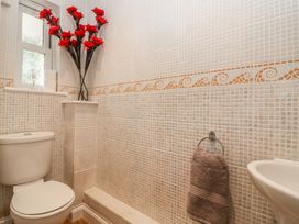 A bathroom with a toilet a small corner with red flowers a hand towel hanging on a ring and a window with frosted glass at 7 The Retreat in Paignton