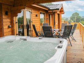 An outdoor seating area with a hot tub and chairs at Manor Farm Lodges - Dragon Lodge in Newtown