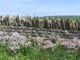 A stone wall with flowers in front at Smugglers Cottage Trebarwith Strand near Tintagel