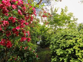 A garden with pink flowers and greenery at Holemire Barn in Lorton