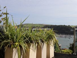 An outdoor area with potted plants and a view of the water and hills at Dart Views in Dartmouth