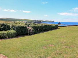 An outdoor space with a hedge and grass overlooking the sea at Savernake in Thurlestone