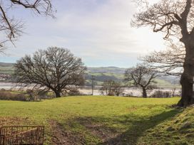A grassy field with bare trees and a river in the background at Cymryd Uchaf in Conwy