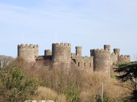 An old stone castle with round towers surrounded by trees at Cymryd Uchaf in Conwy