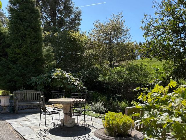 An outdoor patio with a round stone table and four metal chairs surrounded by trees and plants at The Little Coach House in Garndolbenmaen