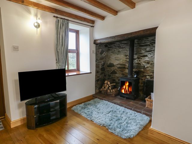 A living room with a stove and a television at Tyn y Mynydd in Bull Bay