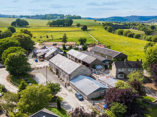 An aerial view of barns and fields at The Shavings in Cowdale near Buxton