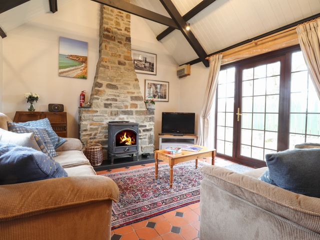 A living room with two sofas a stone fireplace and a TV next to glass doors at Bwthyn Alarch in Trefin St Davids Pembrokeshire