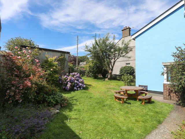 A garden with grass shrubs flowers and a wooden picnic table near a blue house at Maesteg - Llanberis in Llanberis
