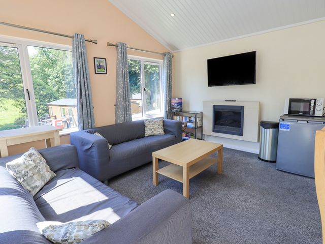 A living room with two sofas a coffee table a mounted television a small fridge and a microwave at Robin View Lodge Beckside 3 Limefitt Park near Windermere