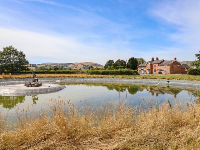 A house beside a pond with a statue at Bodaioch Hall Trefeglwys near Caersws