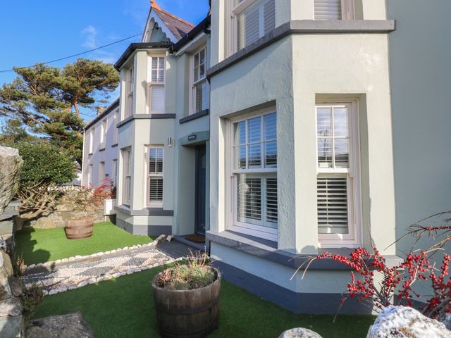 Exterior of a house with windows and door surrounded by faux grass and planters at Dolwern in Dinas Cross