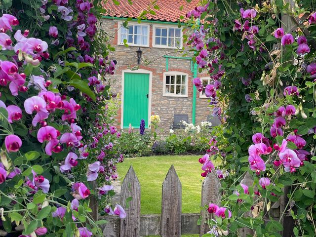 A garden with flowers and a green door at Marmaduke Cottage in Market Weighton
